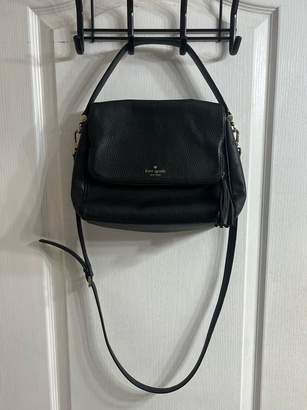 Kate Spade New York Black Pebbled Leather Crossbody Shoulder Bag With Tassel